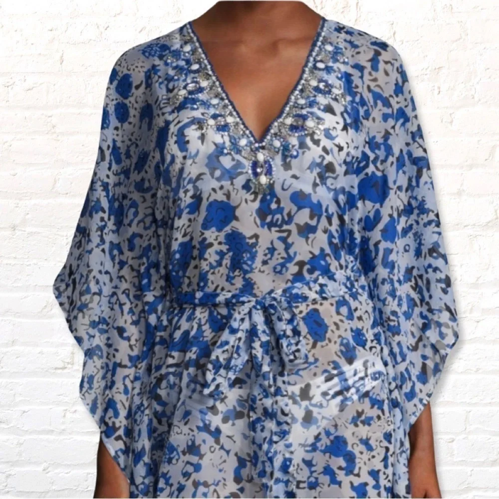 YUMI Kim exotic jungle Swim Cover Tunic kaftan Size M / L Beaded Blue